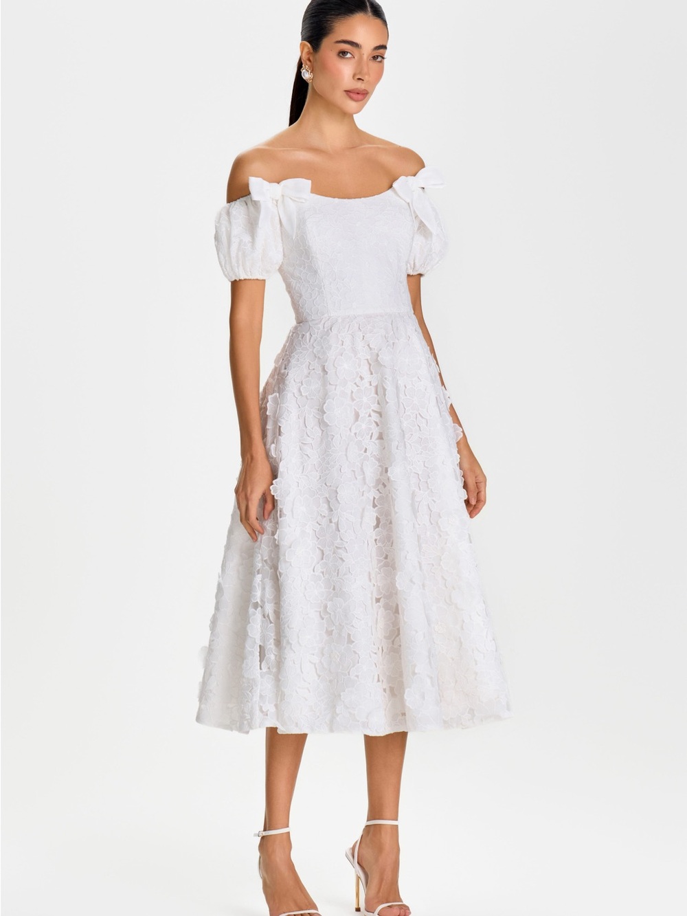NADINE MERABI White Floral Lace Midi Dress Bridal